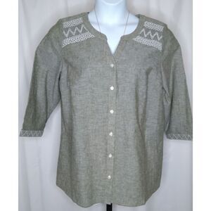 C.J.Banks NWT Gray Linen Shirt, 3/4 sleeves, Embroidery Accent Size 14W